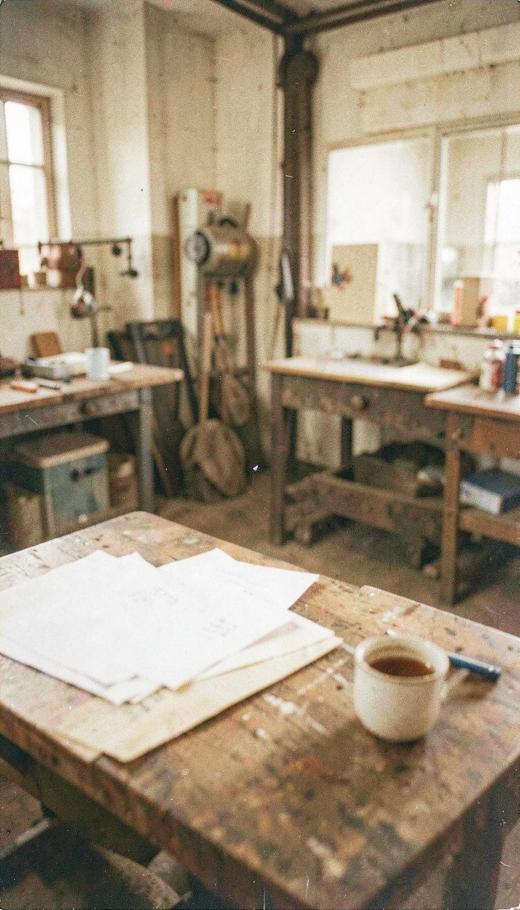 Una fotografía analógica con grano visible de un entorno industrial en tonos tierra y crema: planos de trabajo, papeles y una taza sobre una mesa de madera, luz natural suave.
